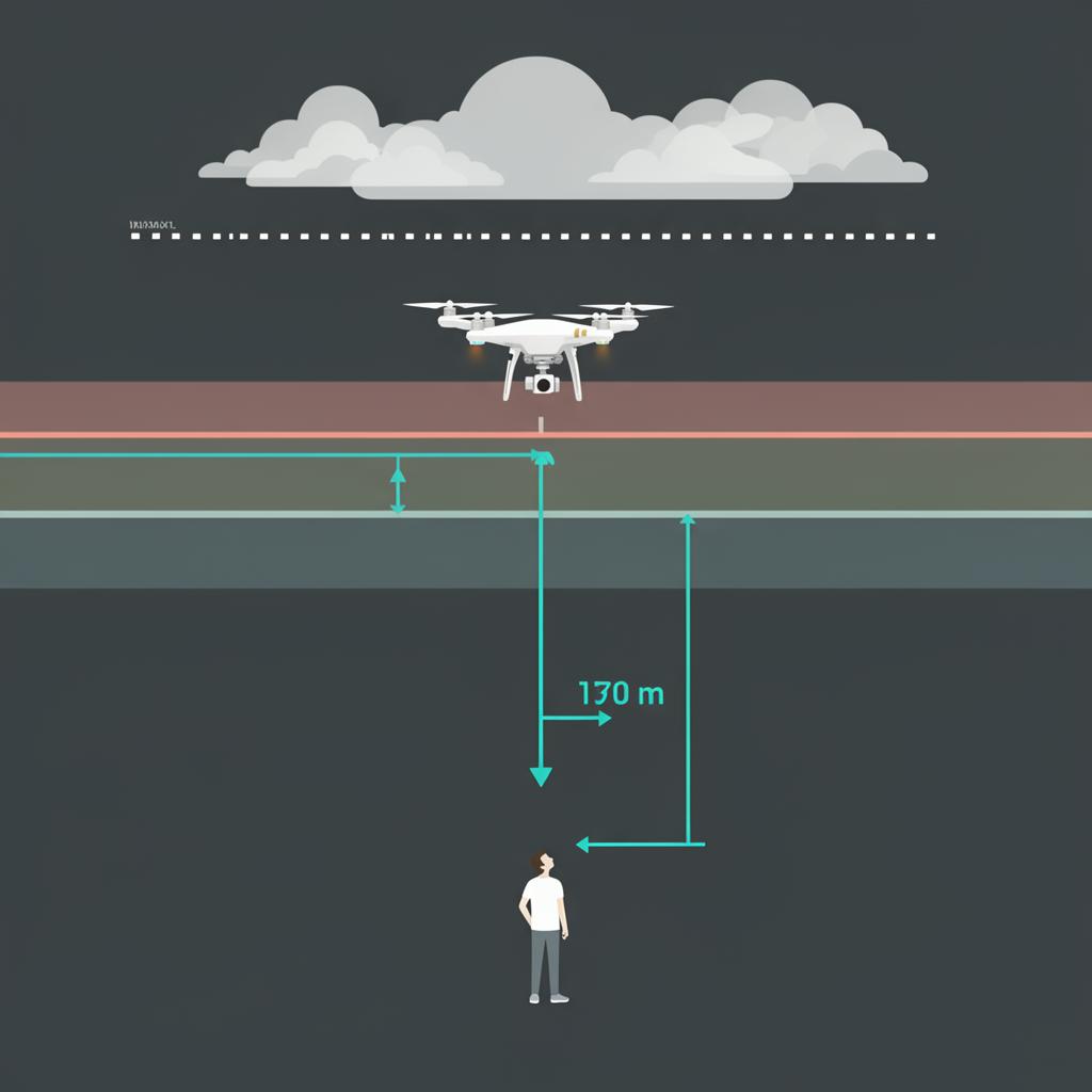 Diagram showing drone operating limits — altitude ceiling, cloud clearance zones, and line of sight from pilot to drone